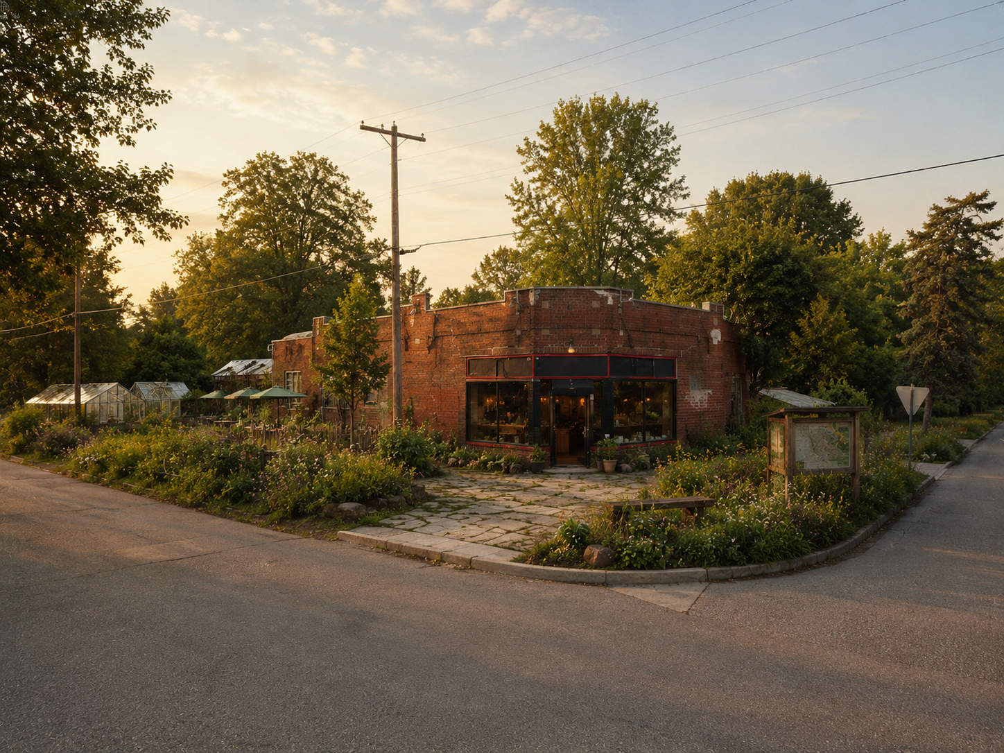 Concept rendering of the existing corner building transformed into a neighborhood tea house surrounded by gardens.